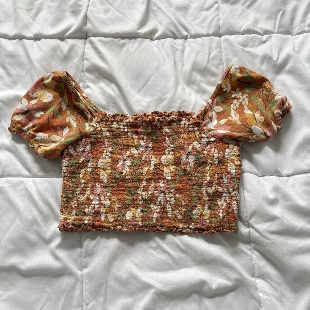 Aerie Smocked‎ Orange Floral Square Neck Puff Sleeve Cropped Top Blouse Womens S